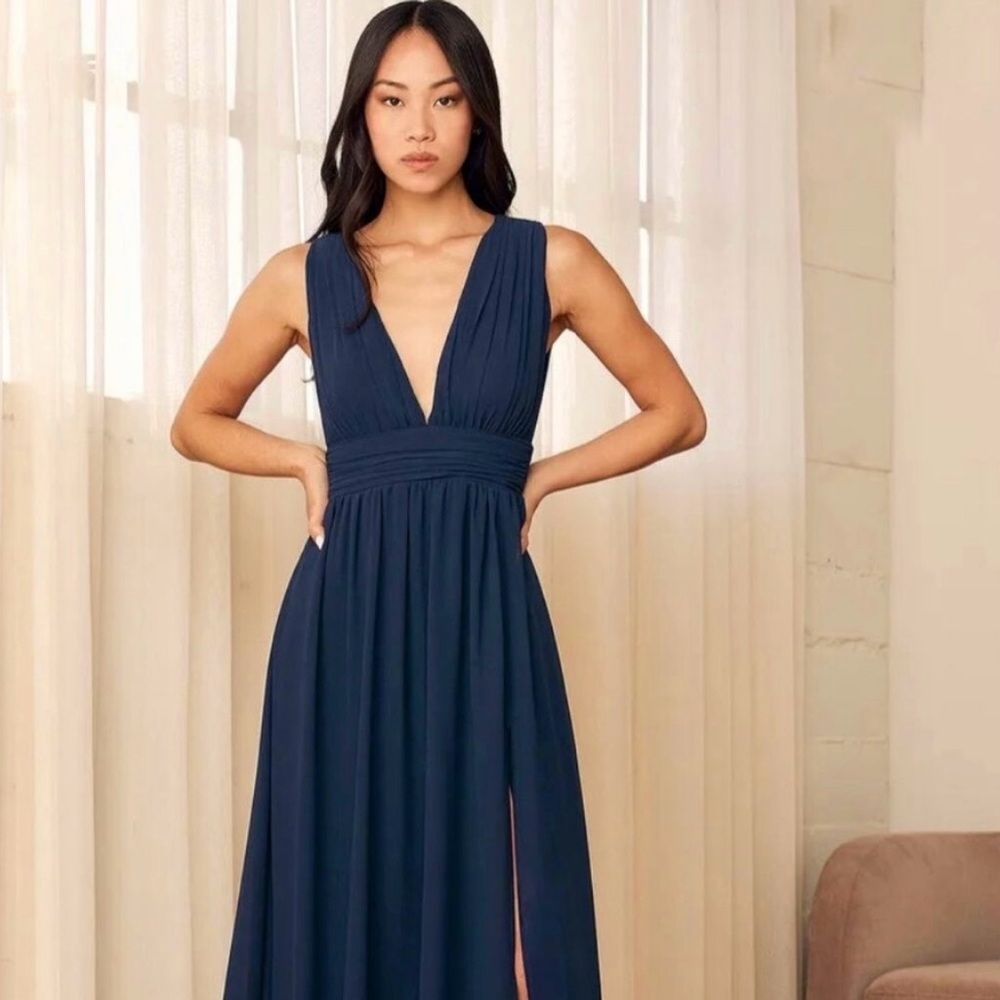 Lulus Cocktail Dress Heavenly Hues Deep V Blue Slit Formal Prom Bridesmaid NEW